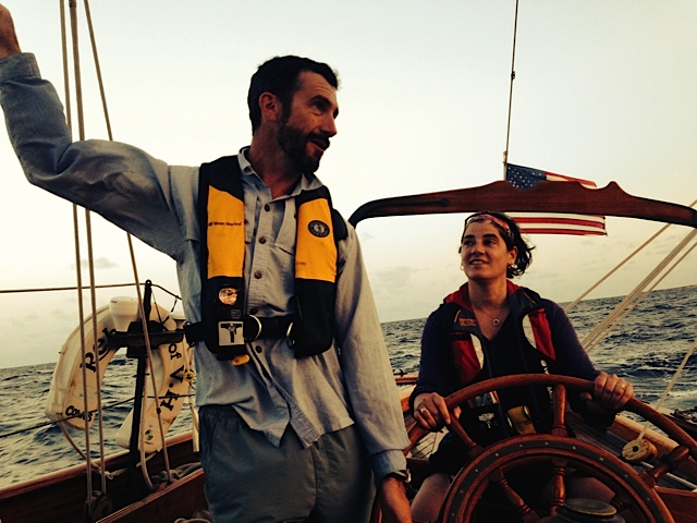 Mary at the helm of Rebecca